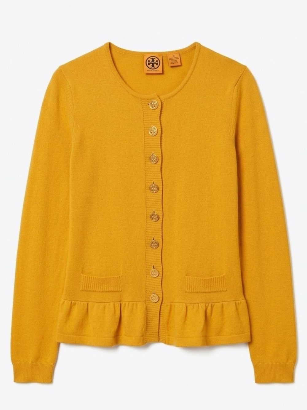 Tory Burch 100% Cashmere Mustard Gold Buttons Peplum Cardigan Sweater Medium
